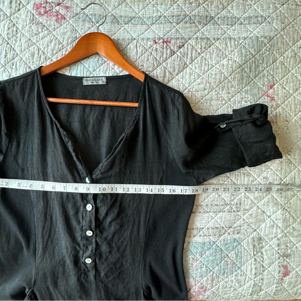 Terzo Millenio Black Linen Cotton Mini Dress Size M Made In Italy V Neck - Picture 7 of 8